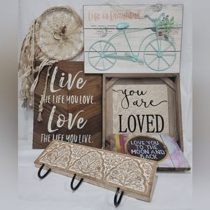 Wall Art Lot! Wooden signs with positive quotes, a 3 hook decor & a lace decor